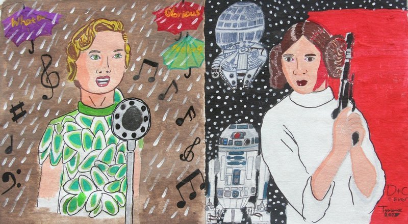 Tribute to Debbie Reynolds and daughter Carrie Fisher.  The canvas is divided into 2 sides.  First side features Debbie Reynolds  from waist up singing into an old fashioned microphone with music notes surrounding her.  She is wearing a green short sleeve flowered dress. There is a brown background with raindrops and umbrellas in honor of Singing in the Rain.  The second side shows Carrie Fisher from Star Wars in her white dress holding a gun.   The background is split between space with R2D2 and the Death Star and a solid red background.