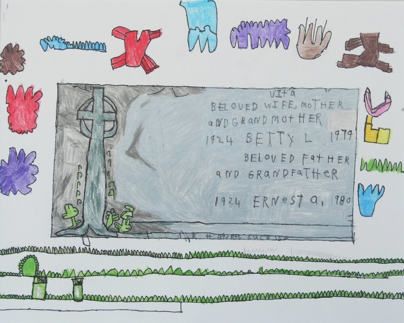 Drawing of a tombstone with a cross stating &quot; VITA, Beloved mother and grandmother 1924 Betty L 1979.  Beloved father and grandfather 1924 Ernest 1980. &quot;  The stone is surrounded by colored flowers and shapes.  There is grass in the foreground.   