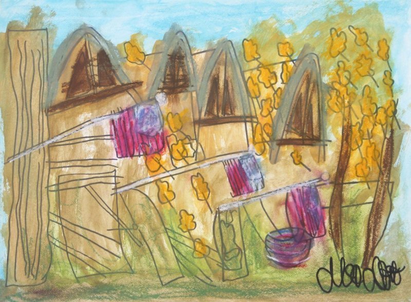Scene of triangular houses with brown triangular windows and gray roofing. Behind the houses is a clear blue sky, light green foliage, and yellow flowers. In front of the houses is a scene of three American flags positioned sideways in a step-pattern above the grass, held in place by rectangular structures.