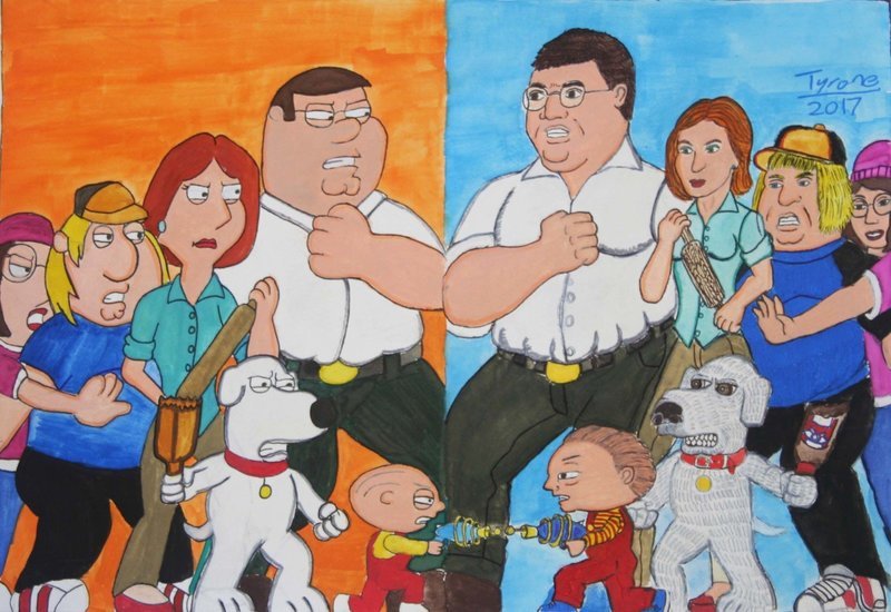 Family Guy Griffins vs Real Life Griffins depicts the cartoon family of the Griffins on the left over an orange background and the realistic versions of themselves on the right over a blue background. From the top down is Peter, Lois, Chris, Meg, Brian, and Stewie Griffin armed and ready to fight, which is mirrored on the other side. The piece is signed Tyrone 2017. 