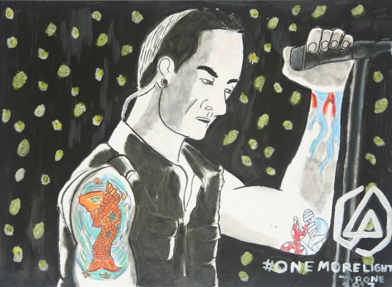 One More Light: Tribute to Linkin Park&#39;s Chester Bennington shows the bust of the singer, Chester Bennington, as he preforms. Chester has short black hair and is wearing an earpiece and a black vest. On his right shoulder is a fish tattoo and on his right forearm are tattoos of flames and the top of a pirate&#39;s head. He holds a microphone in his left hand as he looks off into the distance. Behind him are the lights from the audience. On the bottom right of the piece is Linkin Park&#39;s logo with the hashtag One More Light below it. The piece is signed Tyrone 2017.
