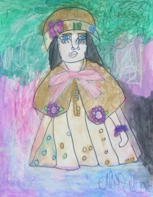 Portrait of a doll over a multicolored background with green, purple, and black. The doll is wearing a neutral-colored hat with a subtle spiraling texture. Three flowers, one purple, one green, and one blue, sit at the base of the hat. The doll has blue eyes with long lashes and straight black hair. They are wearing a straight-fitting cloak with a large collar that matches the hat, which has two purple flower brooches at either side of the collar. There is a large pink ribbon at the center of the collar, and the doll is also wearing a necklace with a golden key attached. The body of the cloak is cream in color and features a pattern of light blue and golden dots throughout. Lastly, a purple bracelet is worn on the doll’s right arm.