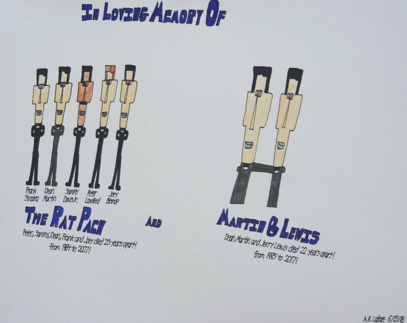 A group of five men smiling known as the rat pack and two men smiling next to them called Martin &amp; Lewis are depicted.