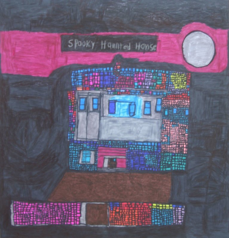 Black background with a 2 inch banner in hot pink.  Spooky haunted house is written in the banner.  The subject is a house made up of small colorful squares in colors of yellow, blue, green and pink.  The inside of the house has a large gray square with blue windows.  