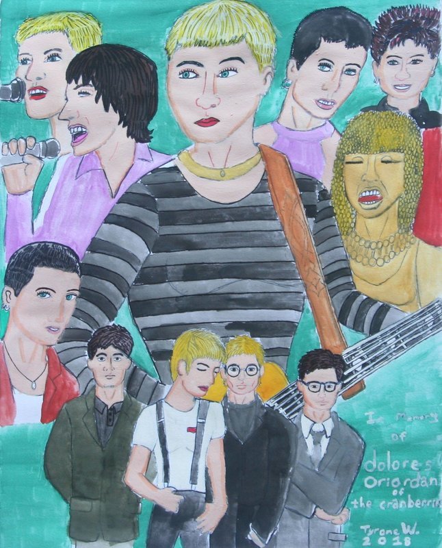 In Memory of Dolores Oriordan of the Cranberries depicts the late vocalists over the years. In the center of the page is a young Dolores in a black and grey long sleeved shirt and a gold necklace with her guitar hanging off her shoulder. She has a blonde pixie cut. To the top of the page are six different versions of Oriordan. Starting from the left is Dolores with blonde hair singing into her microphone, next is her singing with short black hair in a pink jumpsuit, and under them is Dolores with a black pixie cut in a red button down and white tee. Next is Dolores with a black pixie in a pink dress, after she&#39;s seen. with black spiked hair and a leather jacket, and under       them is Dolores with golden skin, hair and necklace singing. At the bottom is her band the Cranberries with the members Mike Hogan, Dolores Oriordan, Fergal Lawler, and Noel Hogan standing next to one another. The piece is signed, &quot;In memory of Dolores Oriordan of the Cranberries... Tyrone W. 2018.&quot;    