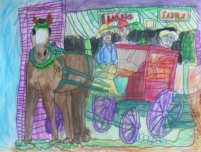 Scene of a horse-drawn carriage in front of a barber shop. The horse’s fur is brown with white coloring in the front of the face. The horse’s gear is in various shades of green with adornment along the forehead, chest, and sides of the horse. The carriage is red with purple wheels and orange seating on the interior. Three characters sit in the carriage: the character on the leftmost side of the carriage is wearing a blue button-down with yellow pants and a yellow brimmed hat; the character in the middle is wearing a red cap and a white shirt; and the rightmost character is wearing a yellow-brimmed hat. The carriage is being drawn along a grassy dirt path, which can be seen at the bottom edge of the frame.