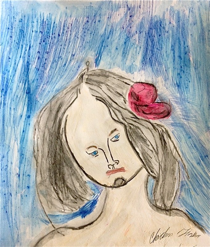 Portrait of a woman from the shoulders up with her head tilted towards the viewer. She has a pensive expression, and her eyes are gazing towards the righthand corner of the frame. She has shoulder-length brown hair that&#39;s parted in the middle, and a red flower adorns the right side of her head. The surrounding background is a layered palette of multiple shades of blue, with hatching and speckles of darker blue paint.