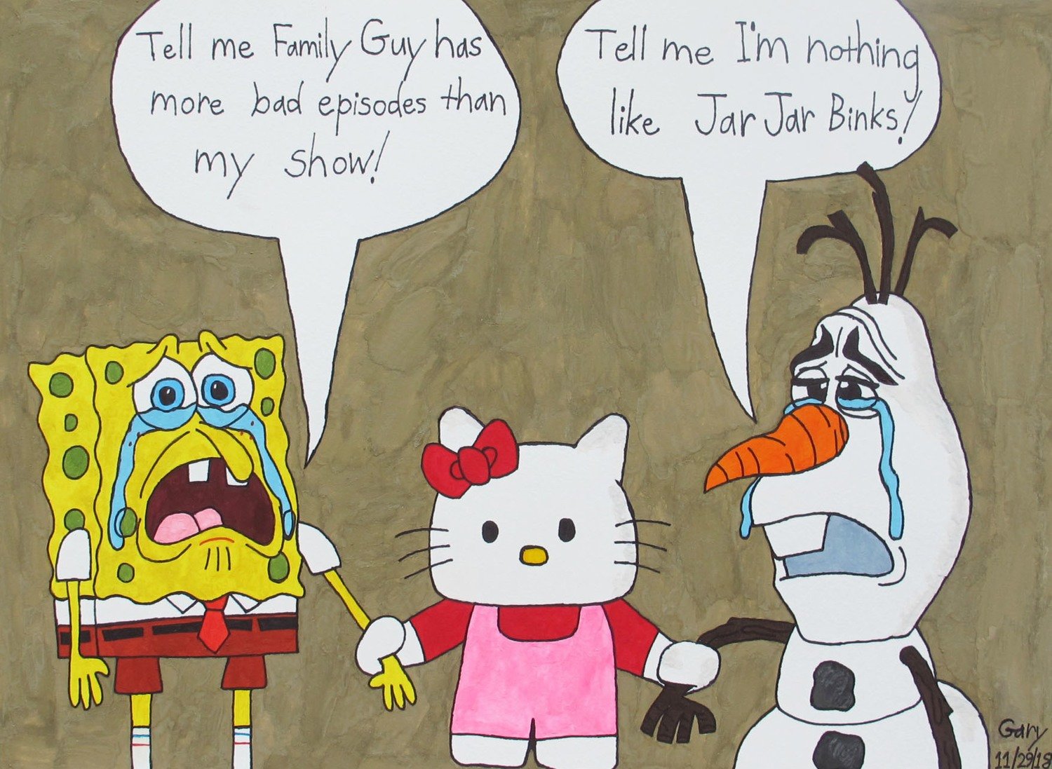 Hello Kitty Comforts Spongebob and Olaf