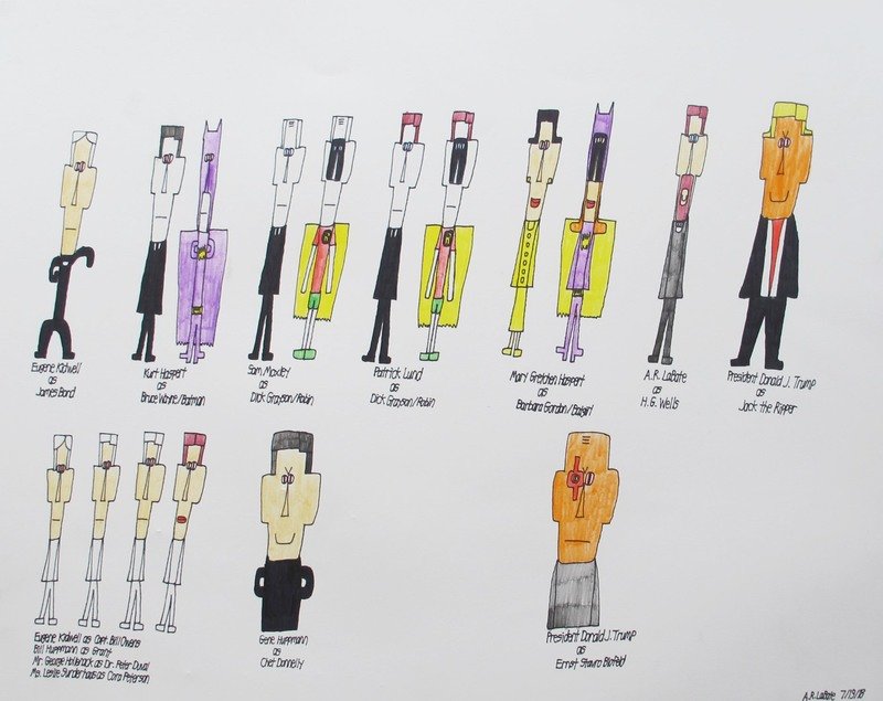 11 people in either capes or suits are standing in a row above a 4 people in white, a man in black, &amp; a man with a red eye.