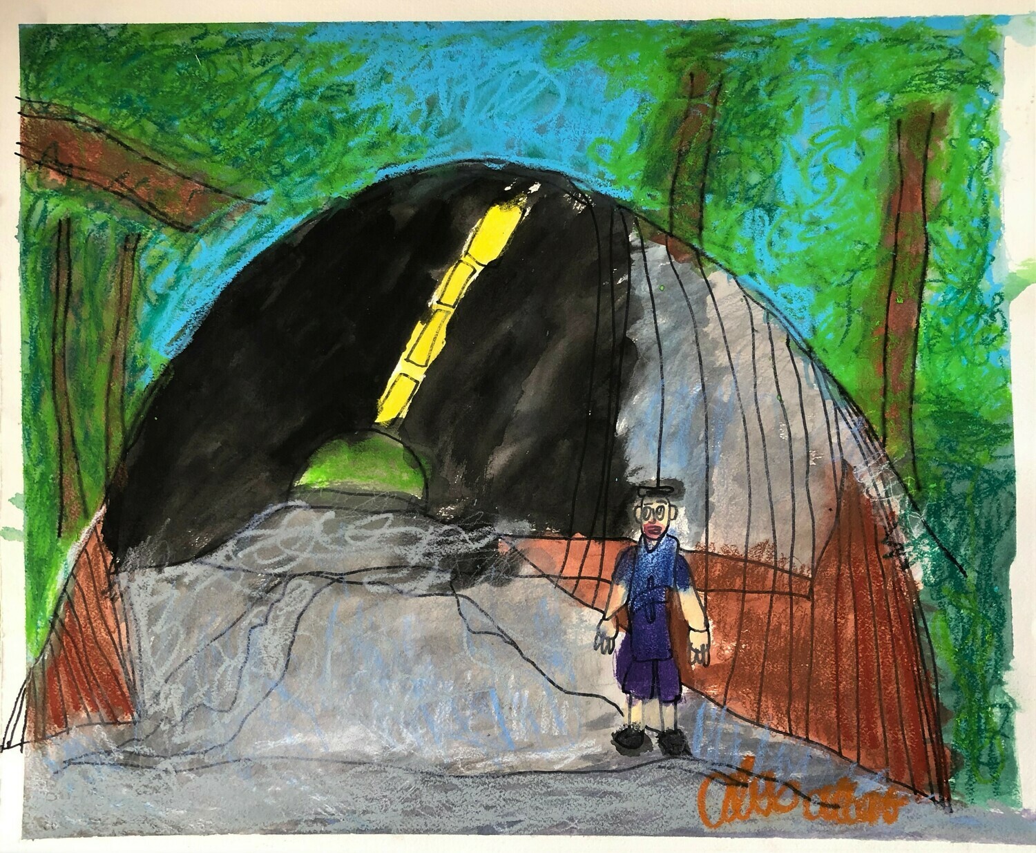 Centered within a forest, a tunnel with a curving road on the inner ceiling and a concrete path cuts through the trees. The tunnel features gray striped walls with a reddish-brown trim. Standing in front of the entrance to the tunnel, a man with straight black hair, a blue sleeved shirt, indigo shorts, and dark blue shoes faces the viewer while his eyes point to the tunnel. A bright blue sky is visible through the leaves in the surrounding trees.