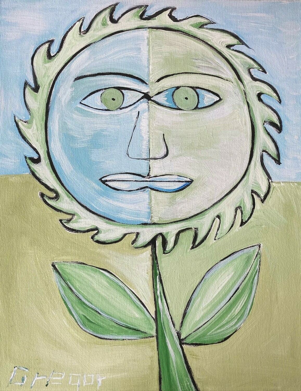 Partial Shade Flower A two-toned flower with a face fills the center of the frame. The left half of the flower's face is pastel blue, while the right half is pastel green. Short, spiked petals surround the edges of the face. The flower's eyes have green irises, and the right eye features a blue outline outside of the iris. The flower features a green stem with a large leaf on either side of the stem. The background mirrors the duality of the flower's colors, with the top half of the background being blue and the bottom half light green.