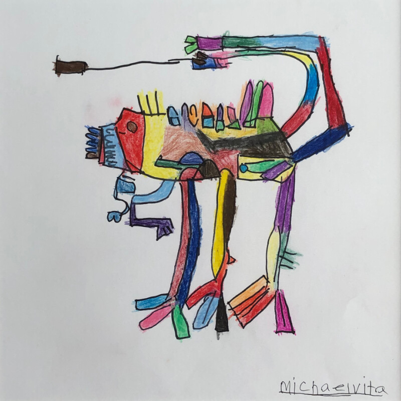Monster Monster depicts a two arm, three legged, duel-tail rainbow monster. The monster's tail sits at the top of the page above the monster's head and back. A black bullet spindle shaped wire spits out of the two tails. The tails are red, orange, yellow, green, blue, purple, and black. The monster's back contains the same colors and has rainbow spikes running down the back. The monsters face is blue, red, and yellow, and has a yellow head of hair. The monster has two arms, blue and purple, folded under the head. Under the monster's back are three rainbow legs with three toes. The piece is signed Michael Vita.