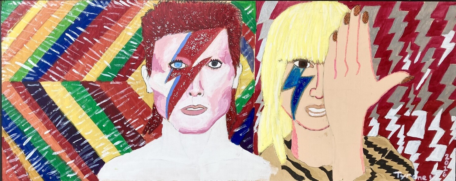 David Bowie Tribute with Lady Gaga shows the singers standing side by side in their iconic makeup. On the left is David Bowie in his Aladdin Sane album makeup, with his red mullet and red and blue lightning bolt makeup. He has glitter in his hair and on his makeup. Behind him is a rainbow pattern covered in white dashes. On the right is Lady Gaga in her "Just Dance" blonde wig and zebra print dress with a blue lightning bolt on her right eye and her left hand over her eye. This look was inspired by David Bowie. Behind her is a red and silver lightning bolt pattern. The piece is signed "Tyrone W. 2016."