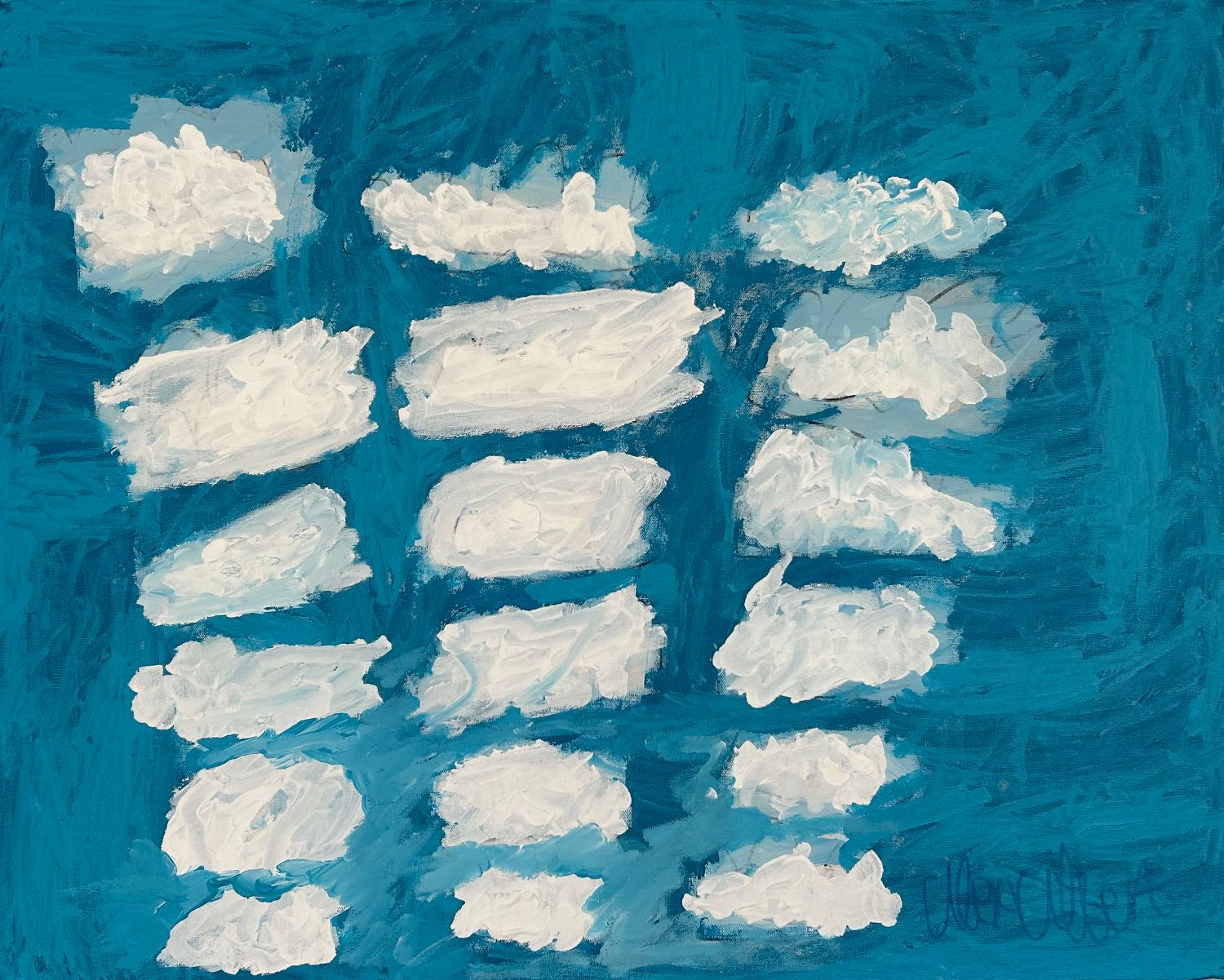 Clouds Columns of white clouds are painted over a dark blue background in rows of three. The clouds fill up the space of the composition, contrasting the darker color of the sky.