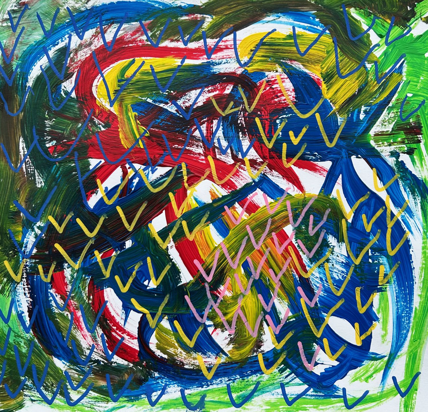 Birdland 2 On a green background is a swirl of of blues and reds and yellow. There is an overlay of gold, pink and blue bird represented by large Vs.