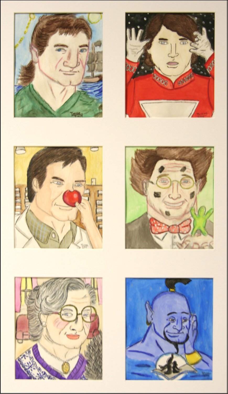 Robin Williams' Characters Tribute to Robin Williams features 6 squares depicting portraits of characters he portrayed. There are 2 squares per row. Starting top left is the character Peter Pan from Hook, in a green shirt with water in the background. Next square features a closeup of Mork, from Mork & Mindy, in his red and white jumpsuit. Below Pan, is Patch Adams showing Robin Williams with a clown nose and lab coat on. The square next to it features his character Professor Philip from Flubber. He holds a green slim character in his left hand and wears a suit with a bright red bowtie. Below that is the Genie from Aladdin, showing a pensive blue Genie with an outline of Jasmine and Aladdin on the flying carpet. Below Patch Adams is a close up of Mrs. Doubtfire smirking in a purple sweater and wearing a locket. There is a living room scene is in the background.