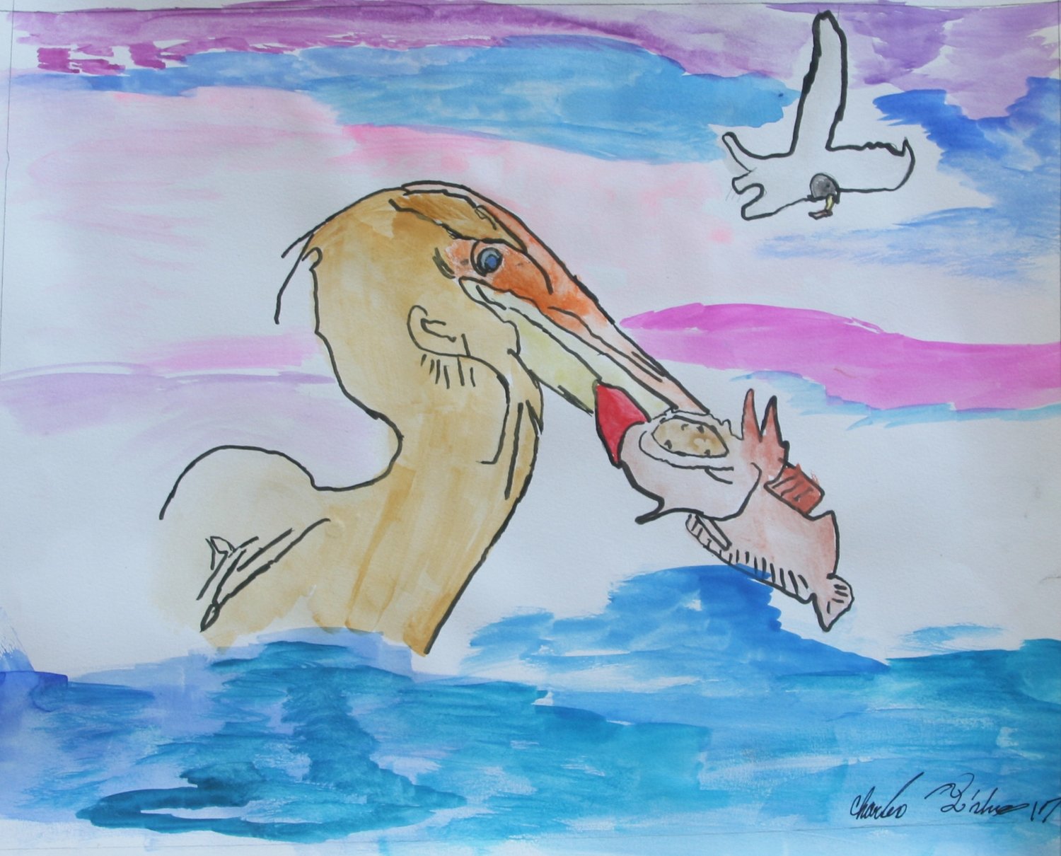 Two Birds Eating Over a layered watercolor sky with streaks of blues, purples, and pinks, a golden-yellow pelican with an orange beak holds a salmon-colored fish in its mouth above the water. Above in the sky, in the upper right hand corner of the composition, a white bird flies by in the distance.