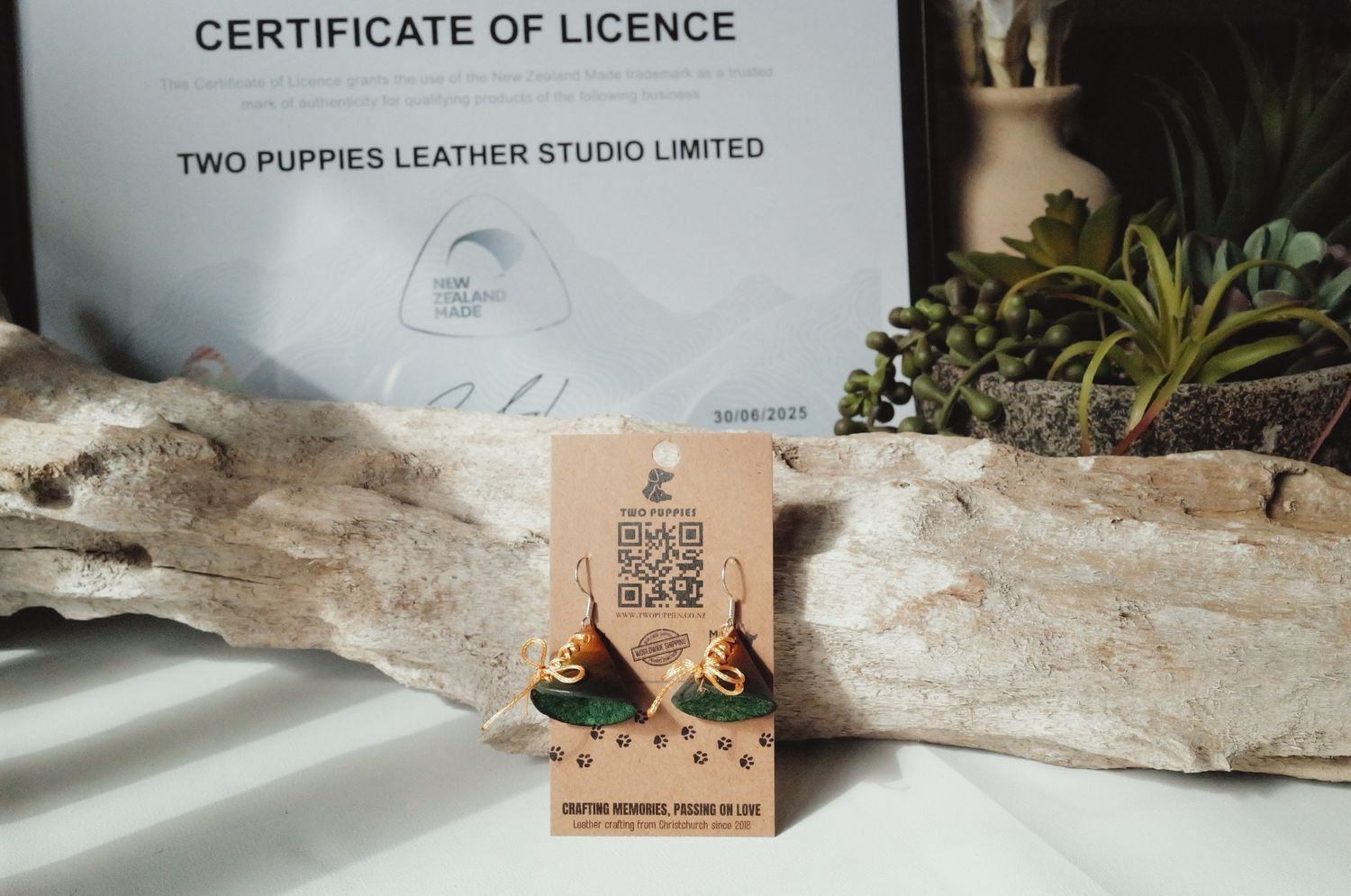 Pixie Caps Green Leather Drop Earrings