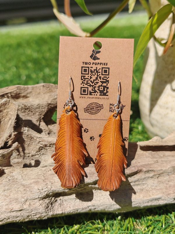 Brown Feather Leather Drop Earrings