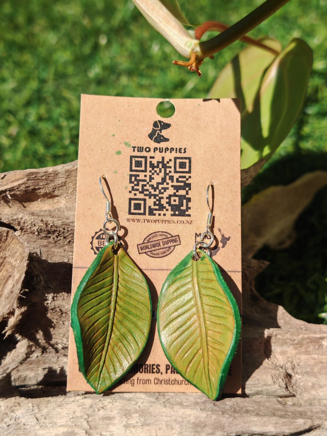 Lime Green Leaves Leather Drop Earrings