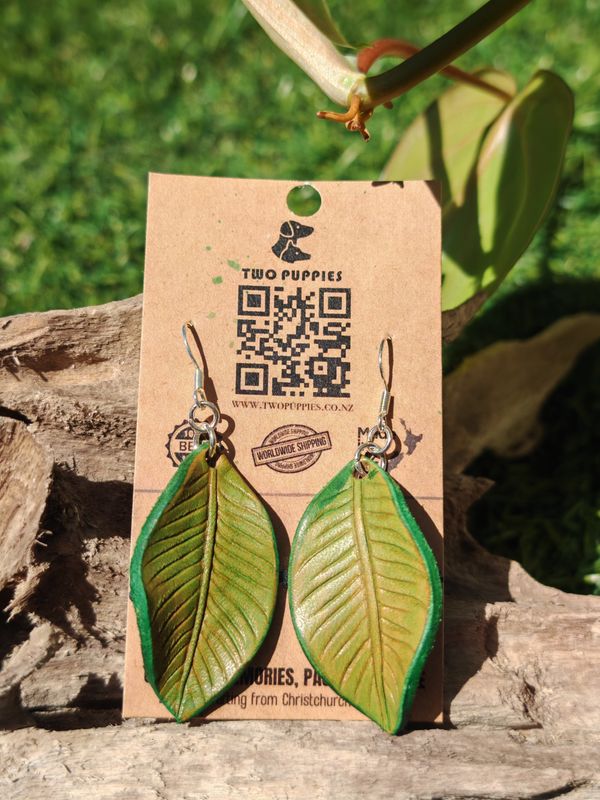 Lime Green Leaves Leather Drop Earrings
