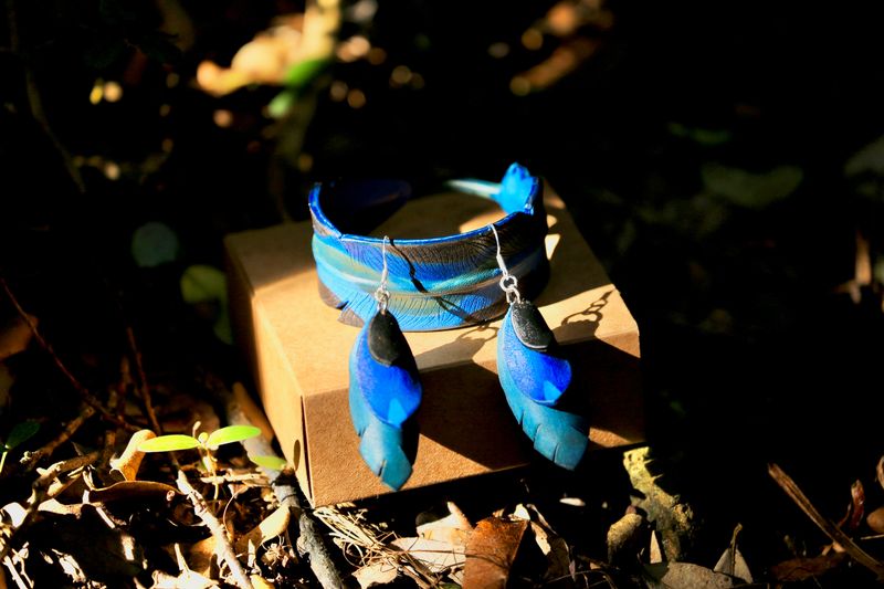 &#39;Kōkako Lullaby&#39; Leather Feather Wristband &amp; Earrings Set