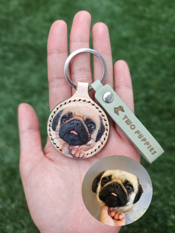 Pet Portrait Leather Hand-tooled &amp; Sculpted Mini Keyring Keepsake