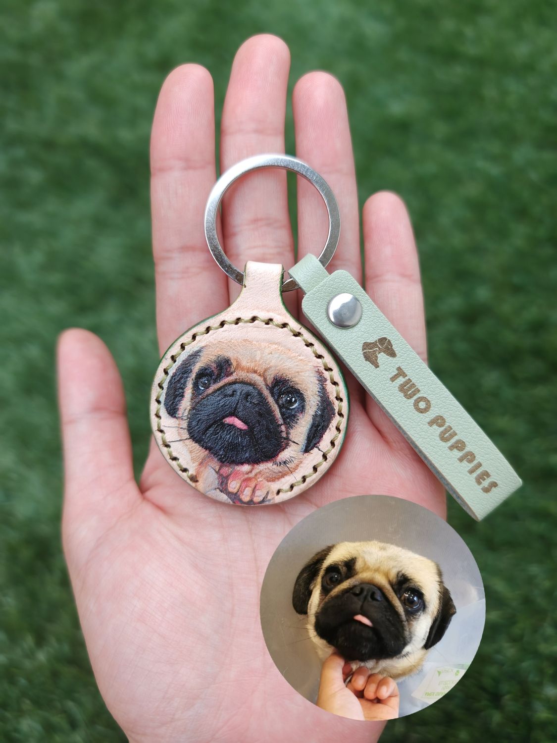 Pet Portrait Leather Hand-tooled &amp; Sculpted Mini Keyring Keepsake