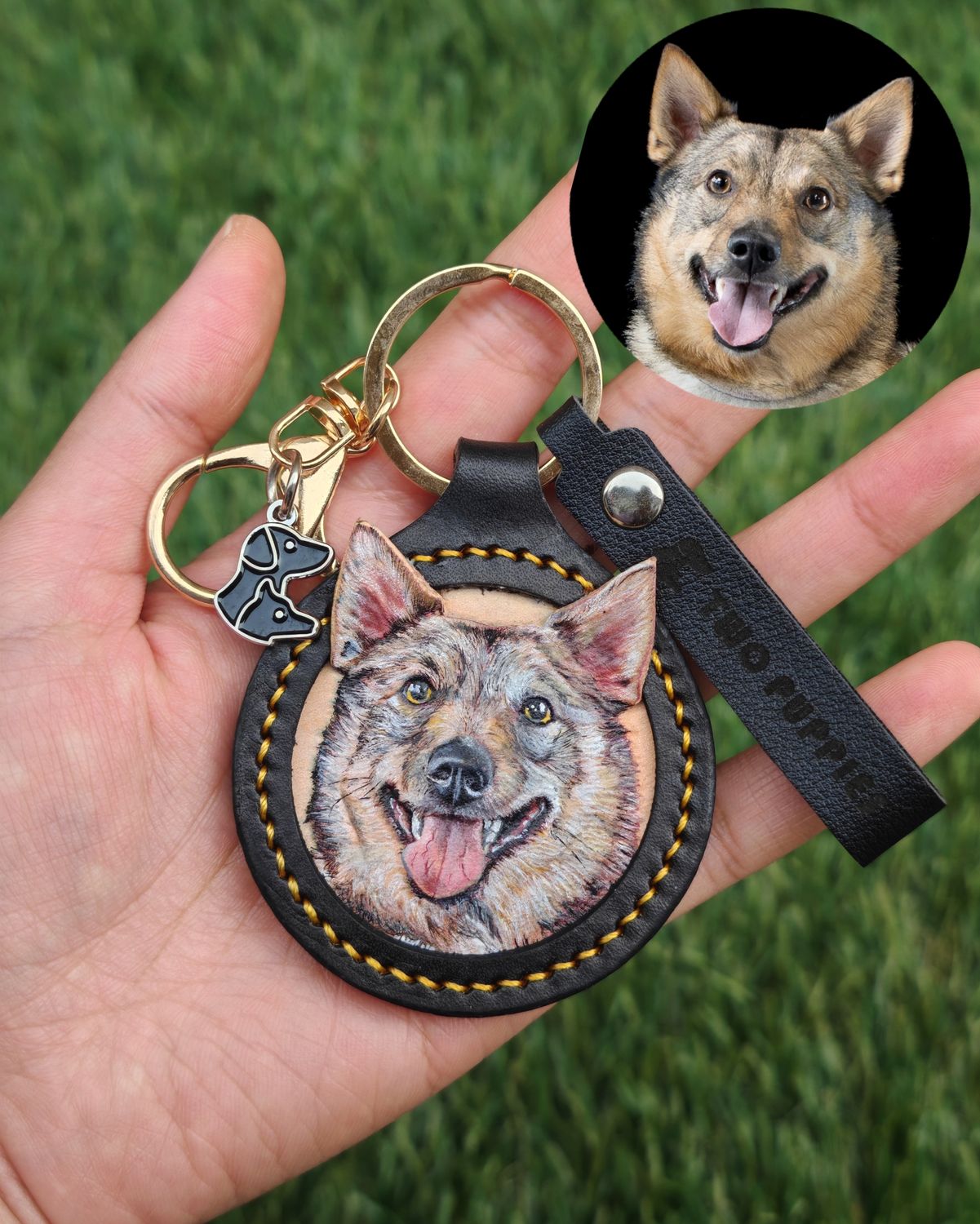 Pet Portrait Leather Hand-tooled &amp; Sculpted Keyring Keepsake