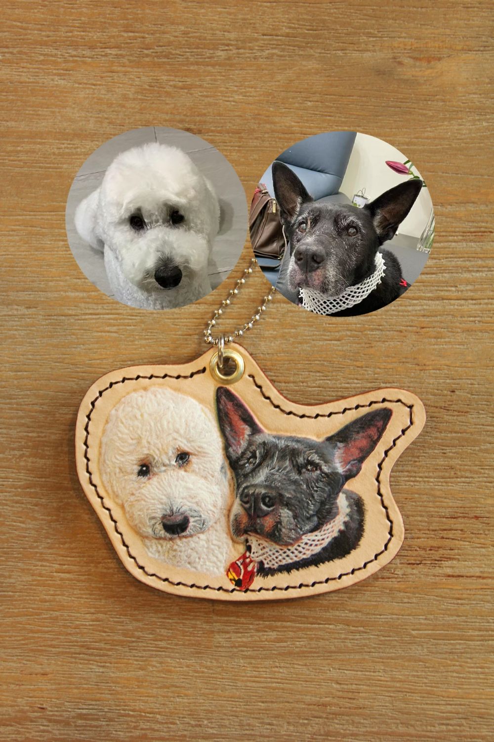 Two Pet Portraits Leather Hand-tooled &amp; Sculpted Keyring Keepsake