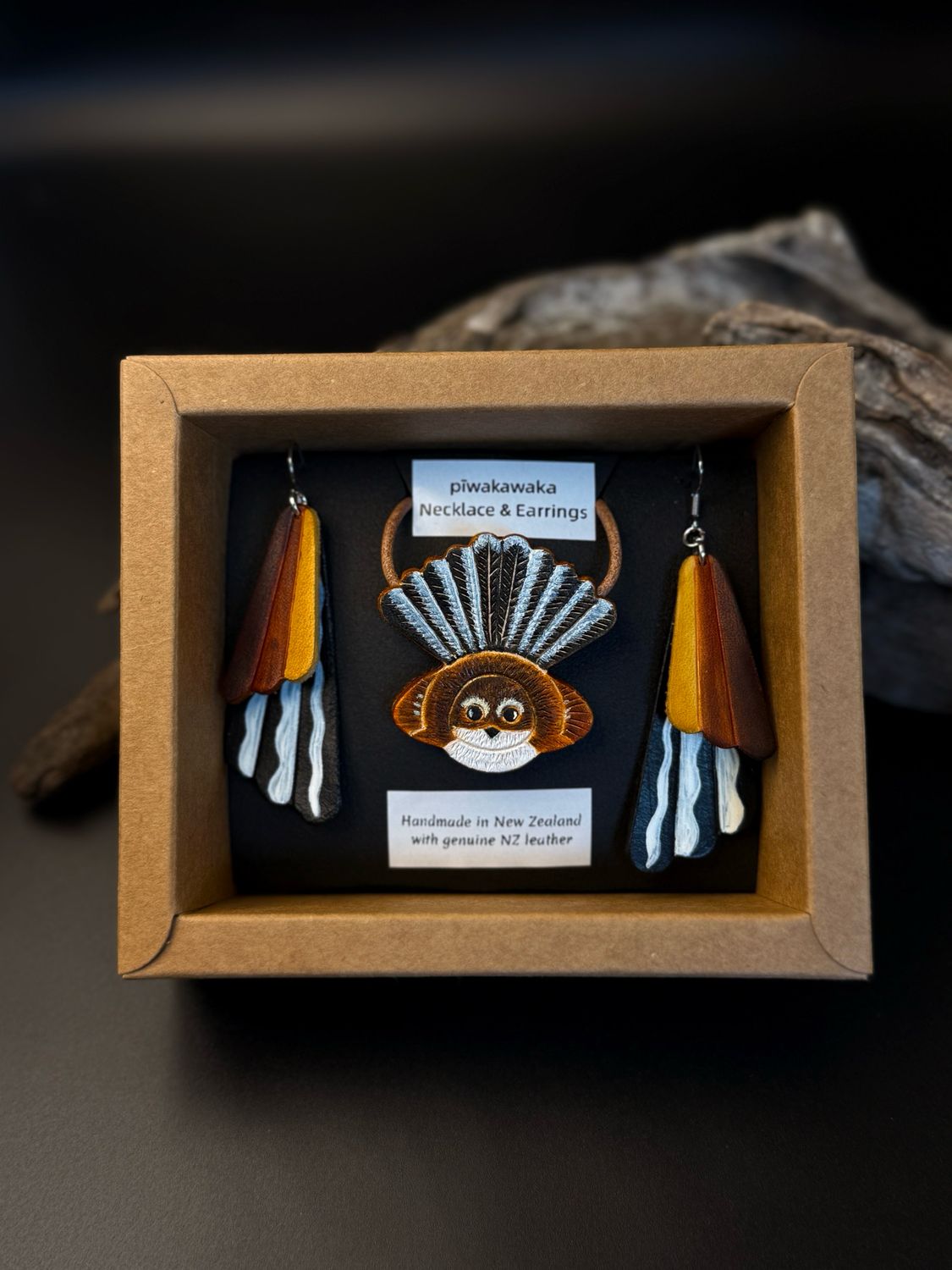 Fantail (pīwakawaka) Leather Drop Earrings and Pendant Necklace Set