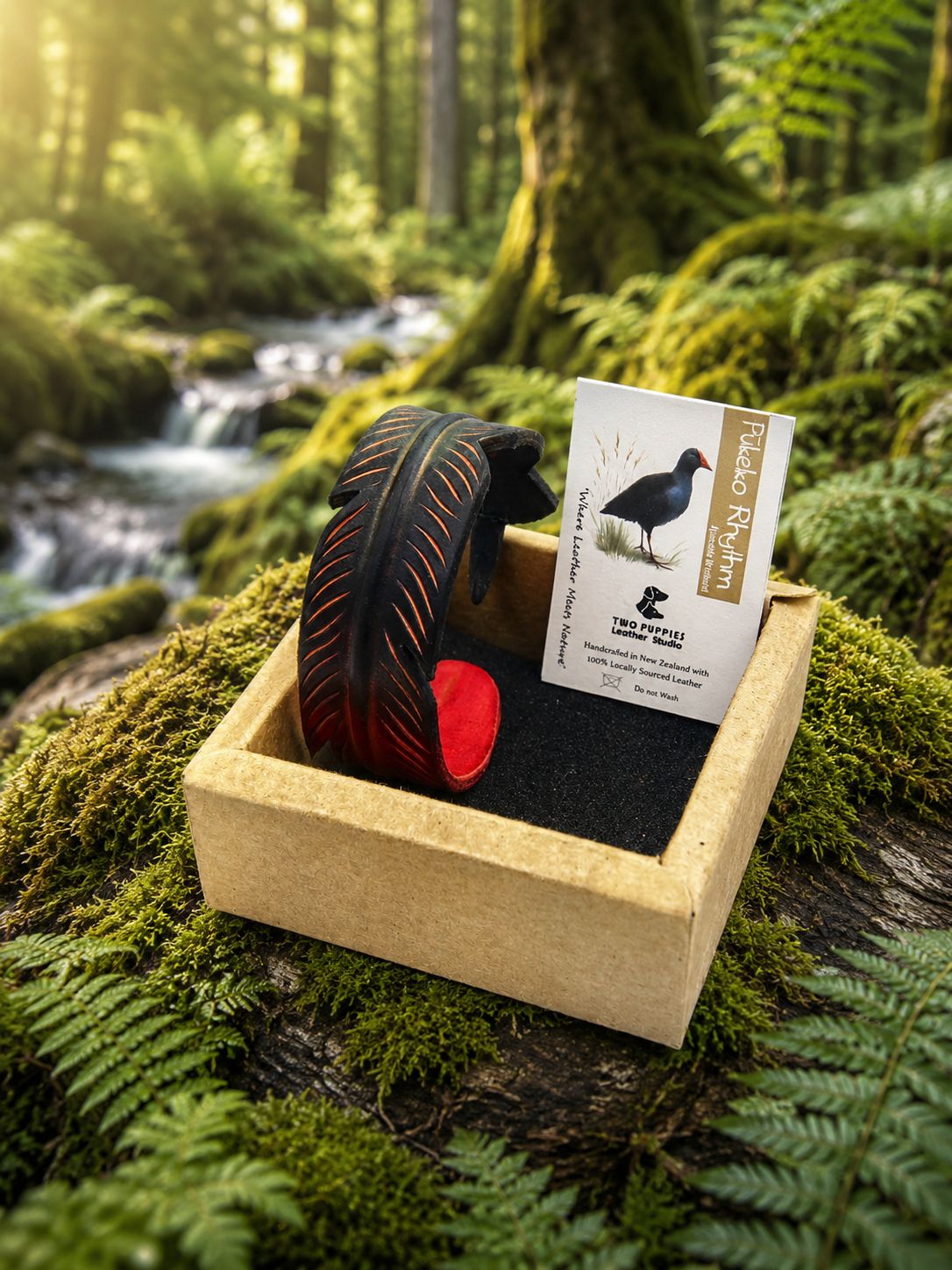 Pūkeko Rhythm Leather Feather Adjustable Cuff