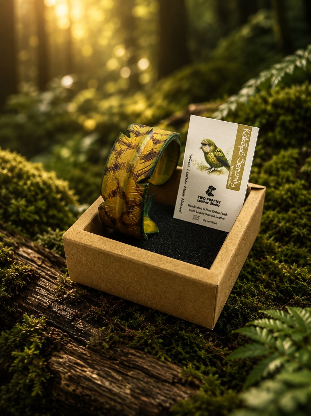 Kākāpō Serenity Leather Feather Adjustable Cuff