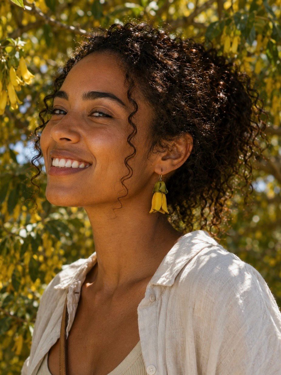 Golden Kōwhai Flowers Leather Drop Earrings