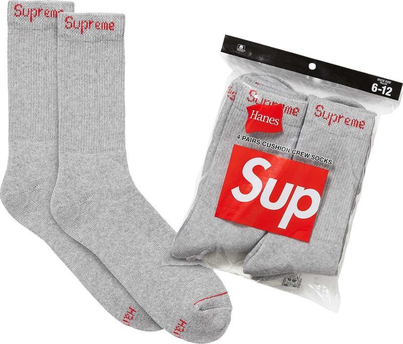 Supreme X Hanes Crew Socks - Grey, Pack of 4, Size 6-12