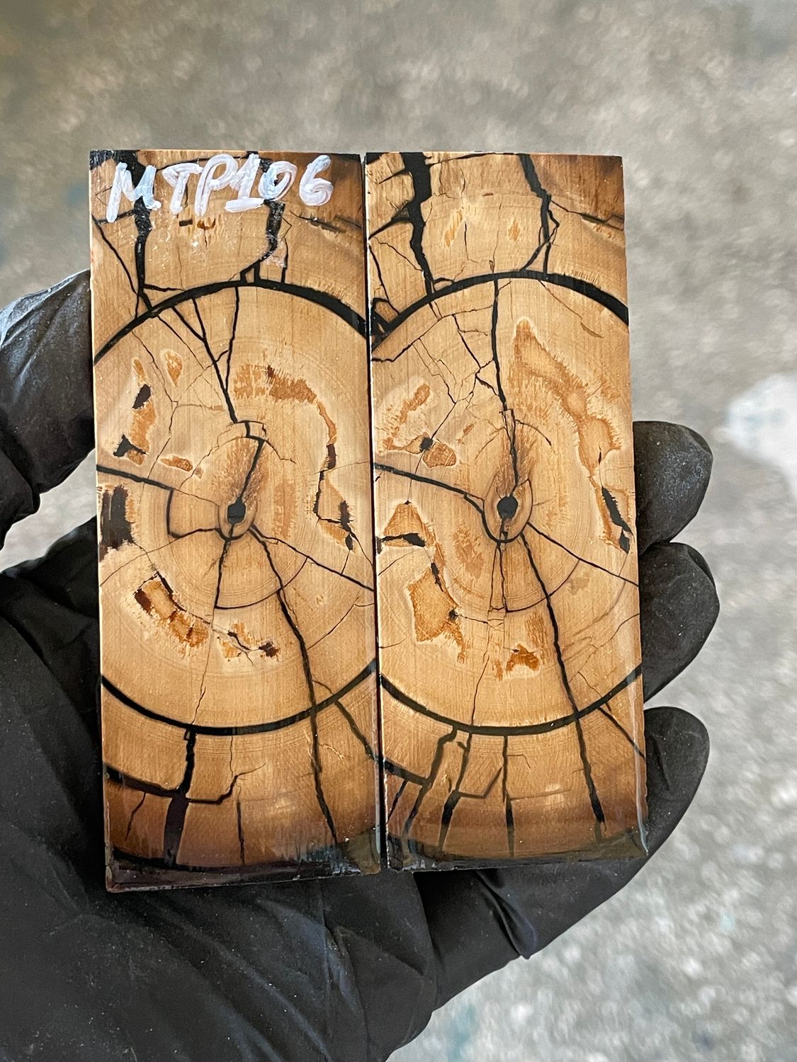 stabilized mammoth tusk knife scales pocket knife pair fossil material MTP106