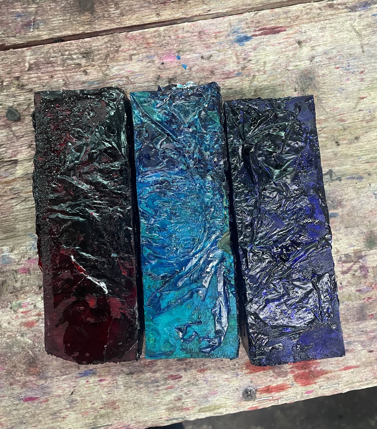 Stabilized wood blocks after heat curing with hardened surface layer formed during baking process