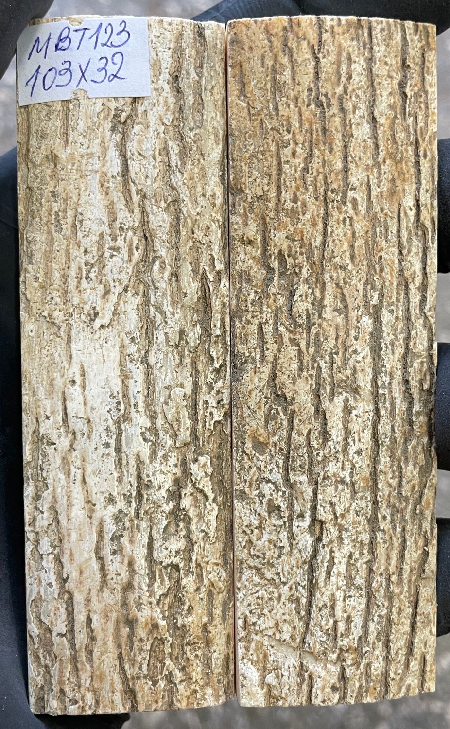 Cream-colored mammoth bark ivory knife scales with a natural wood-like texture and grain pattern.