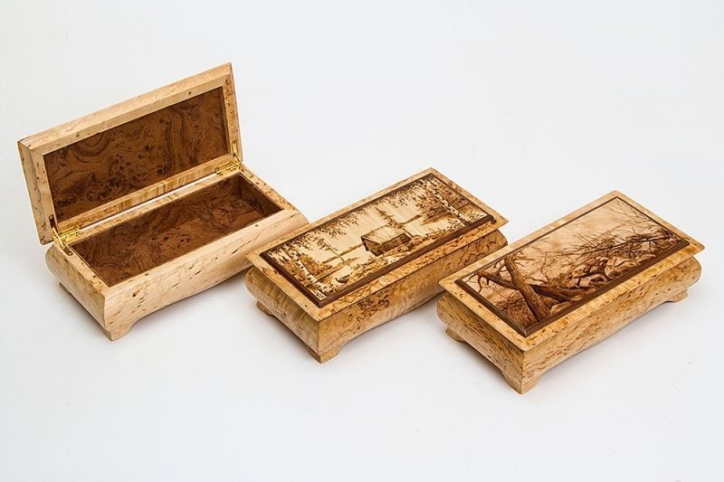 Handcrafted Karelian birch wood box with distinctive figured grain