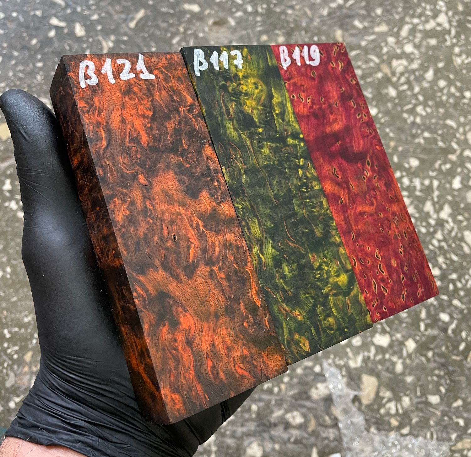 Two-tone stabilized Karelian birch wood with distinctive figured grain