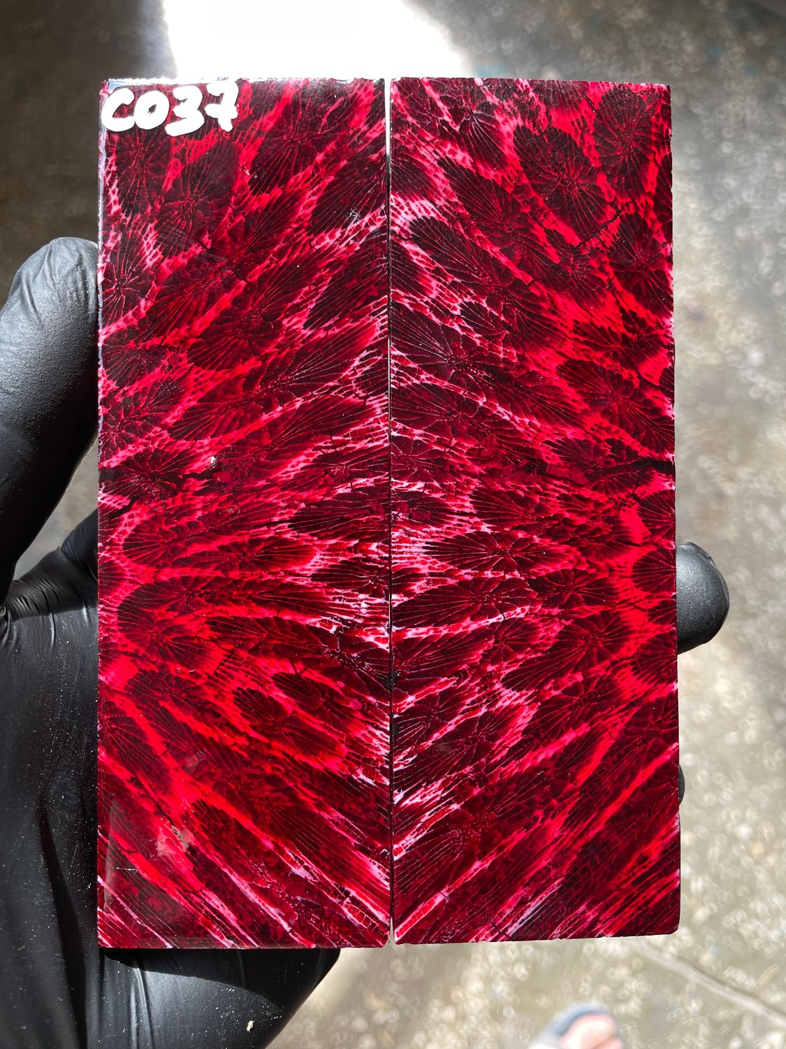 Red stabilized fossil coral knife scales with unique natural coral pattern
