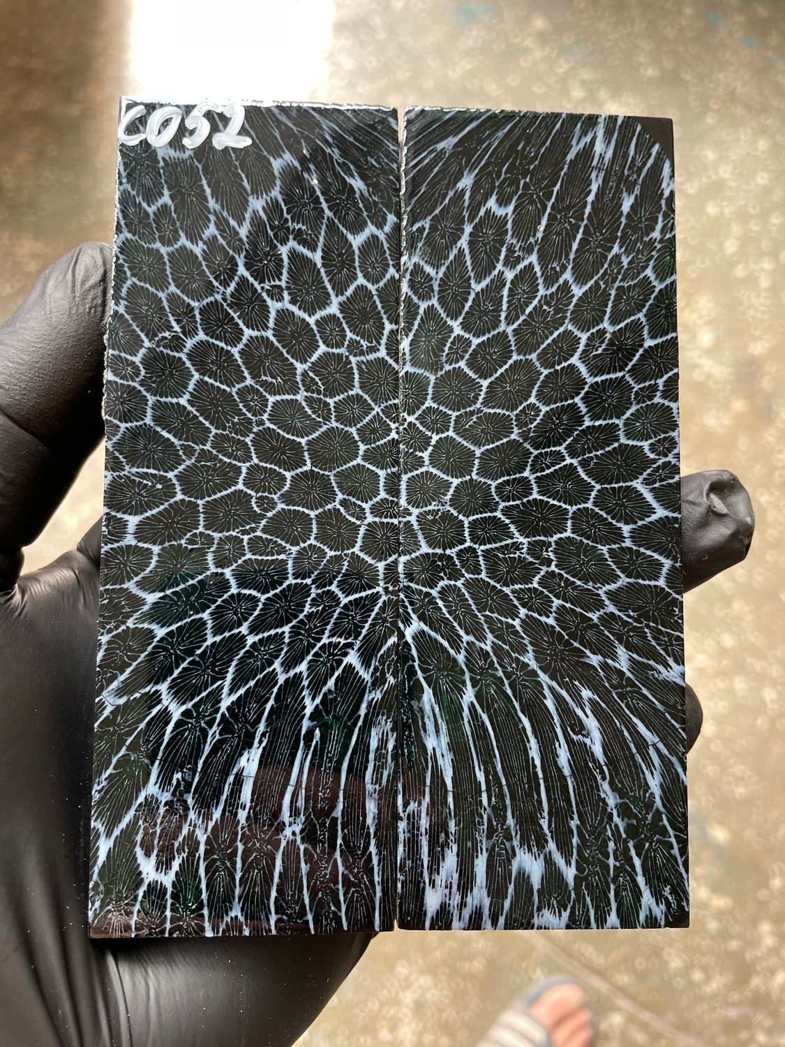 Dark green and black stabilized fossil coral knife scales with natural coral pattern
