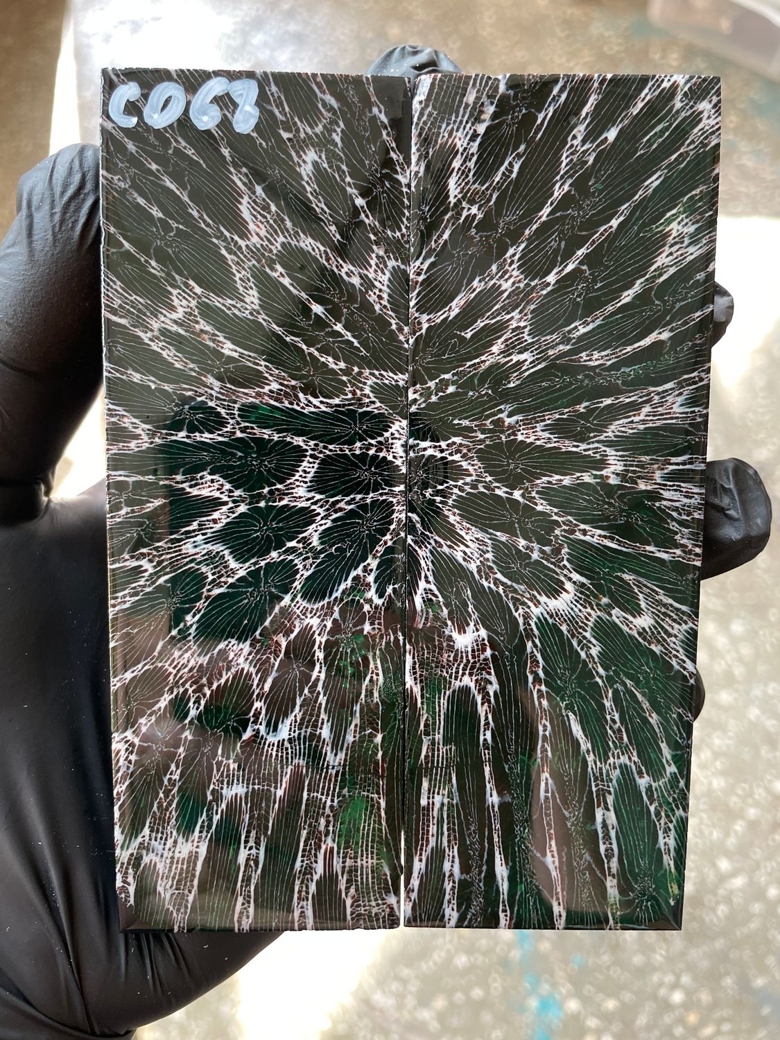 Dark green and black stabilized fossil coral knife scales for custom knife handles