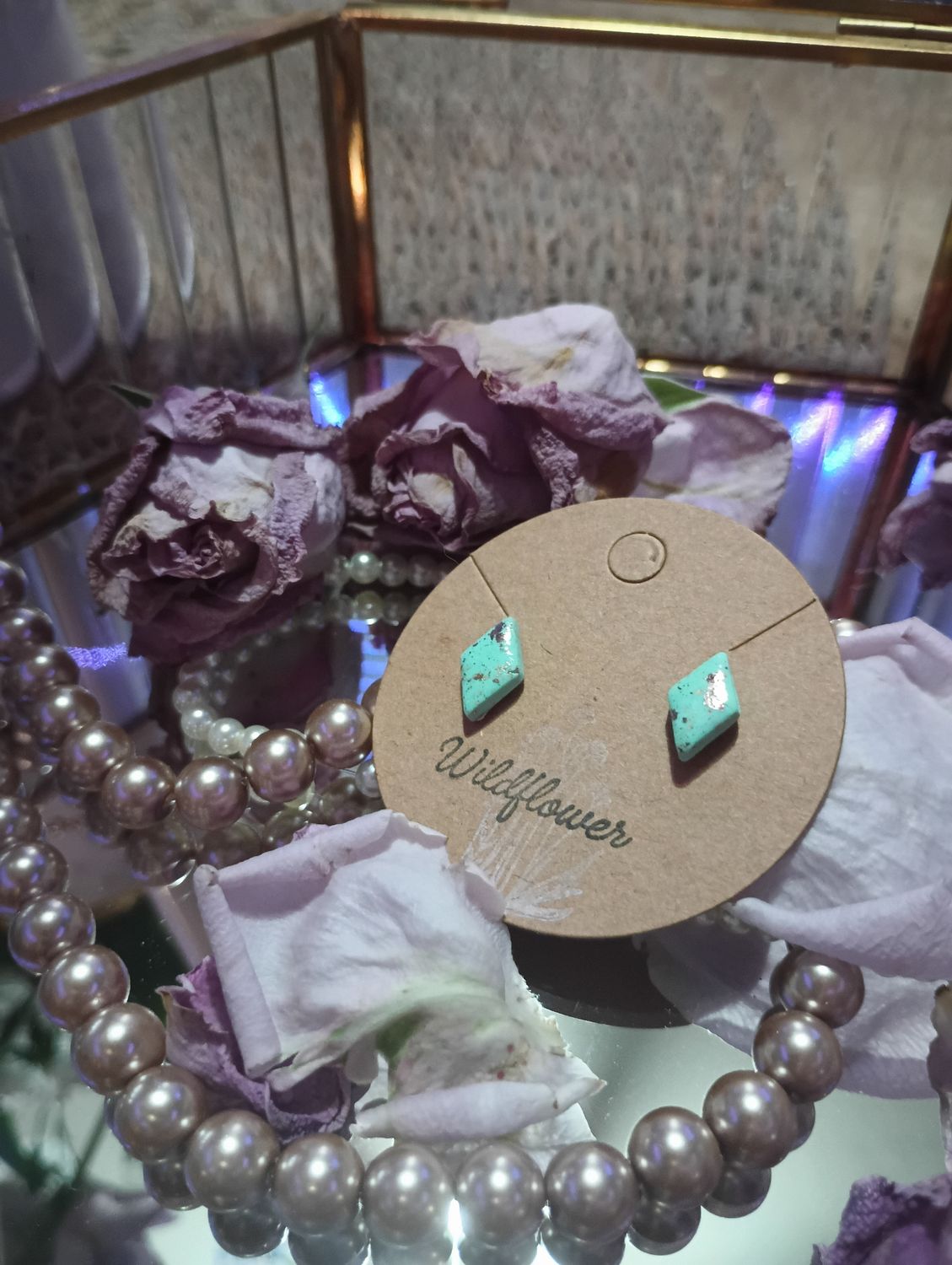 Diamond Studs in Mint with Gold Leaf