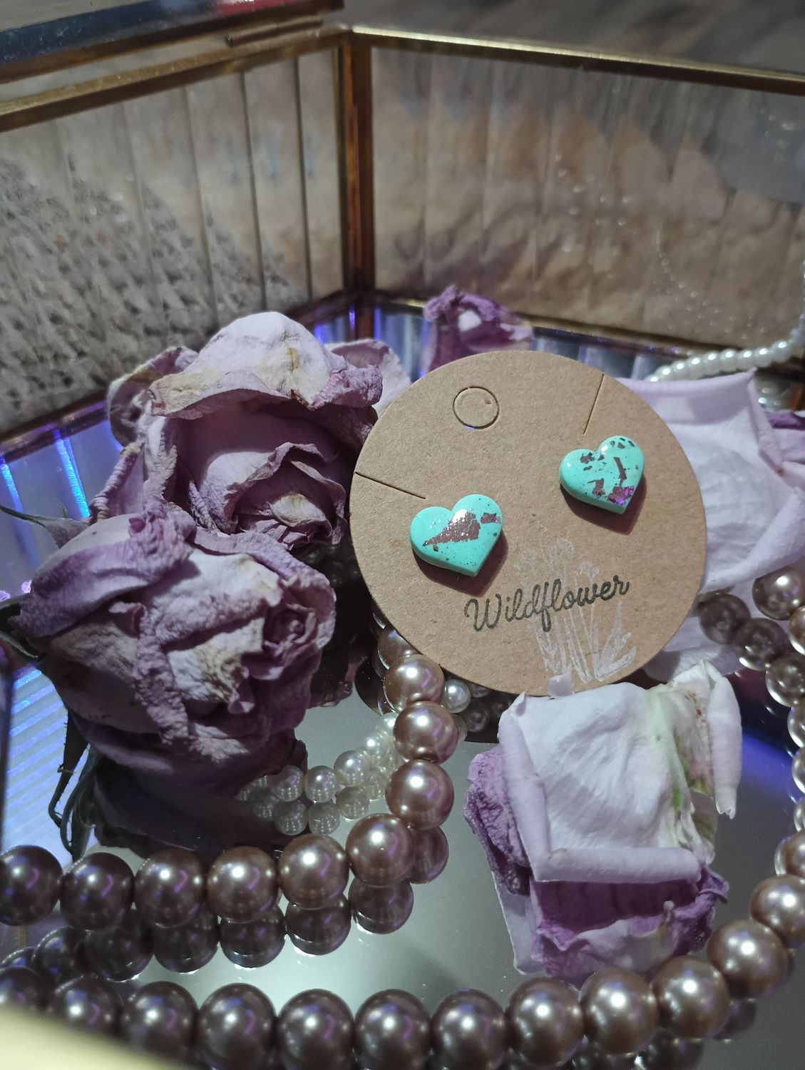 Heart Studs in Mint with Gold Leaf