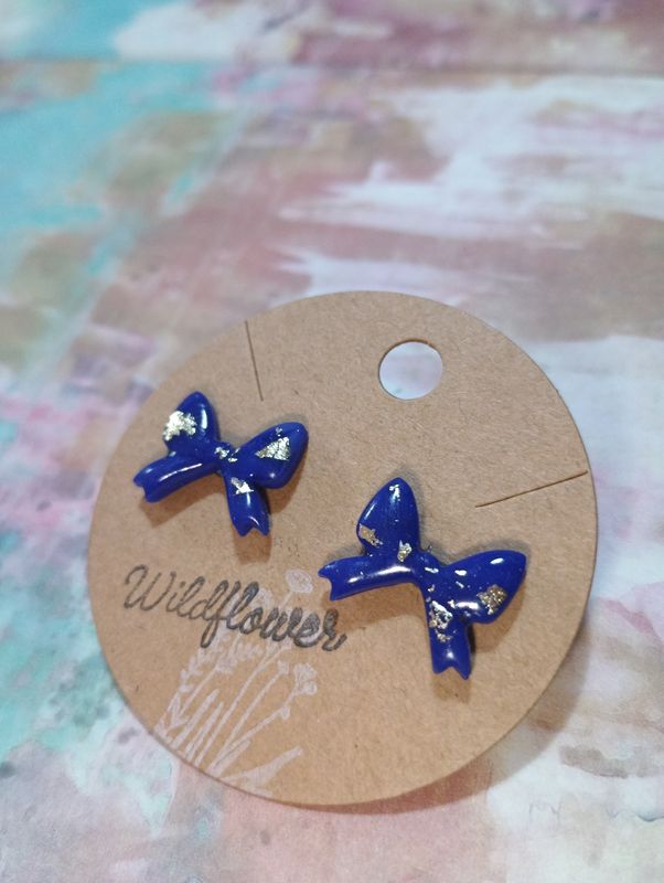 School Girl Bow Studs in Blue with Gold Leaf