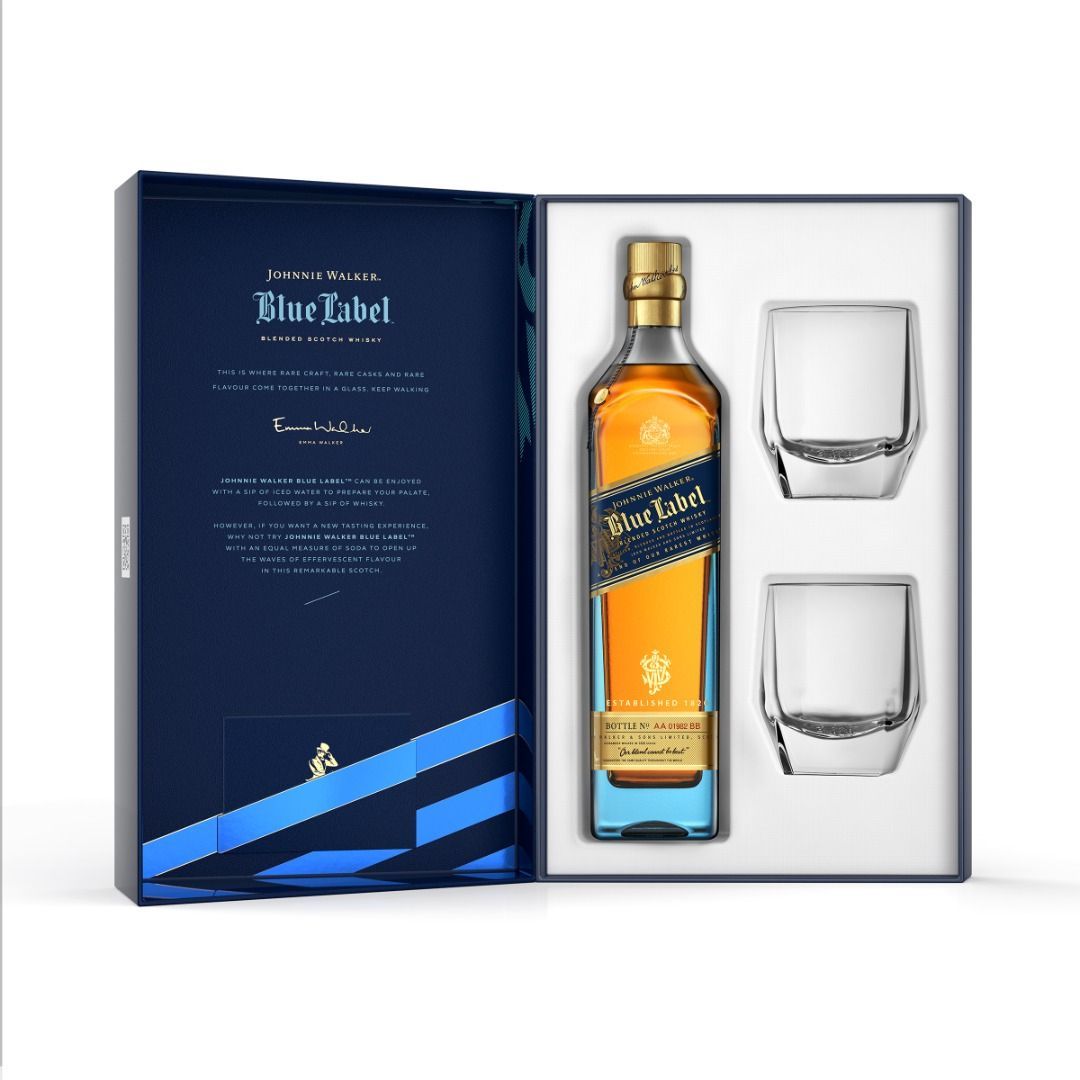 Johnnie Walker Blue Label Blended Scotch Whisky 70cl Gift Pack with 2 Crystal Glasses Johnnie Walker Blue Label Blended Scotch Whisky 70cl Gift Pack with 2 Crystal Glasses