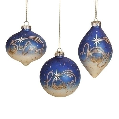 PEACE, JOY OR BELIEVE BLUE GLASS ORNAMENT - 3.5-5.25&quot; H - NC