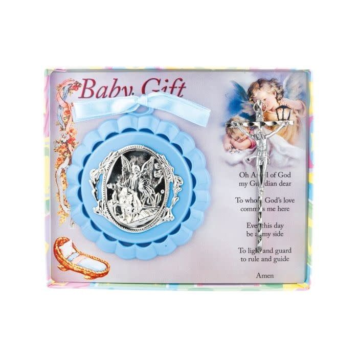 CRIB MEDAL W/CRUCIFIX BLUE