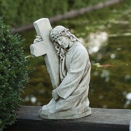 JESUS HOLDING CROSS GARDEN STATUE - 17.75&quot; H
